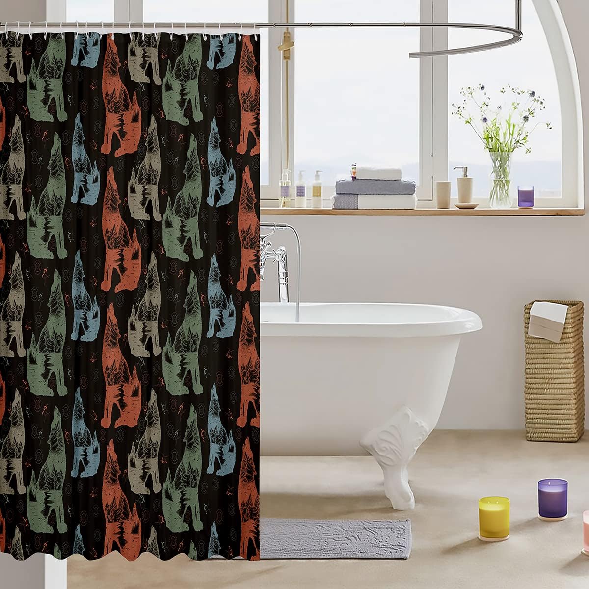 Wolf Silhouettes Kids Shower Curtain,Wild Animals Hunting Bathroom Curtains for Girls Boys Adults Curtains