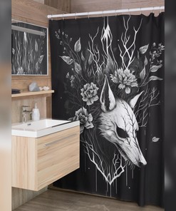 Wolf Skull Deadly Nightshade Goth Shower curtain Witchcraft Witchy Bathroom Decor - Occult - Gothic Bath Décor
