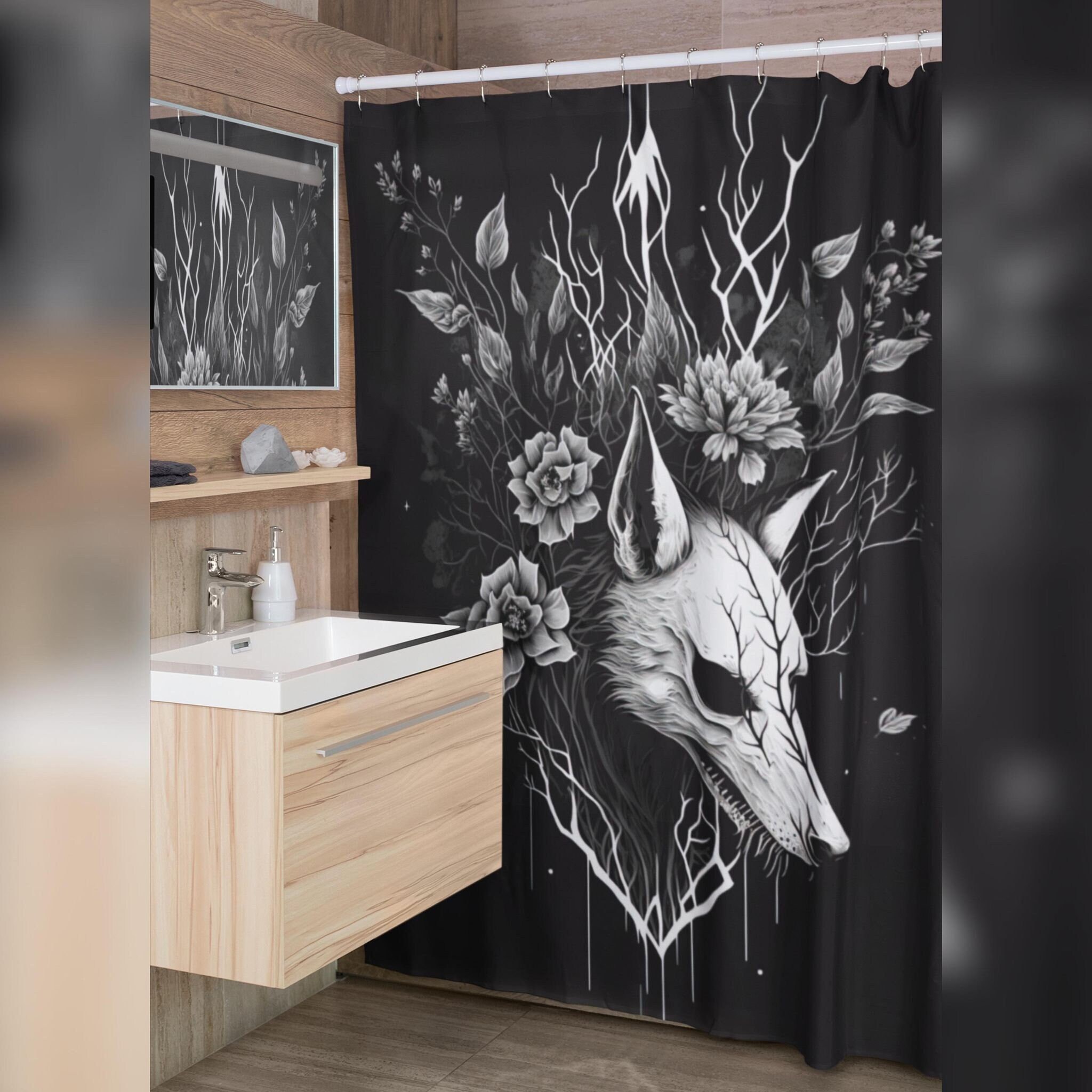 Wolf Skull Deadly Nightshade Goth Shower curtain Witchcraft Witchy Bathroom Decor - Occult - Gothic Bath Décor