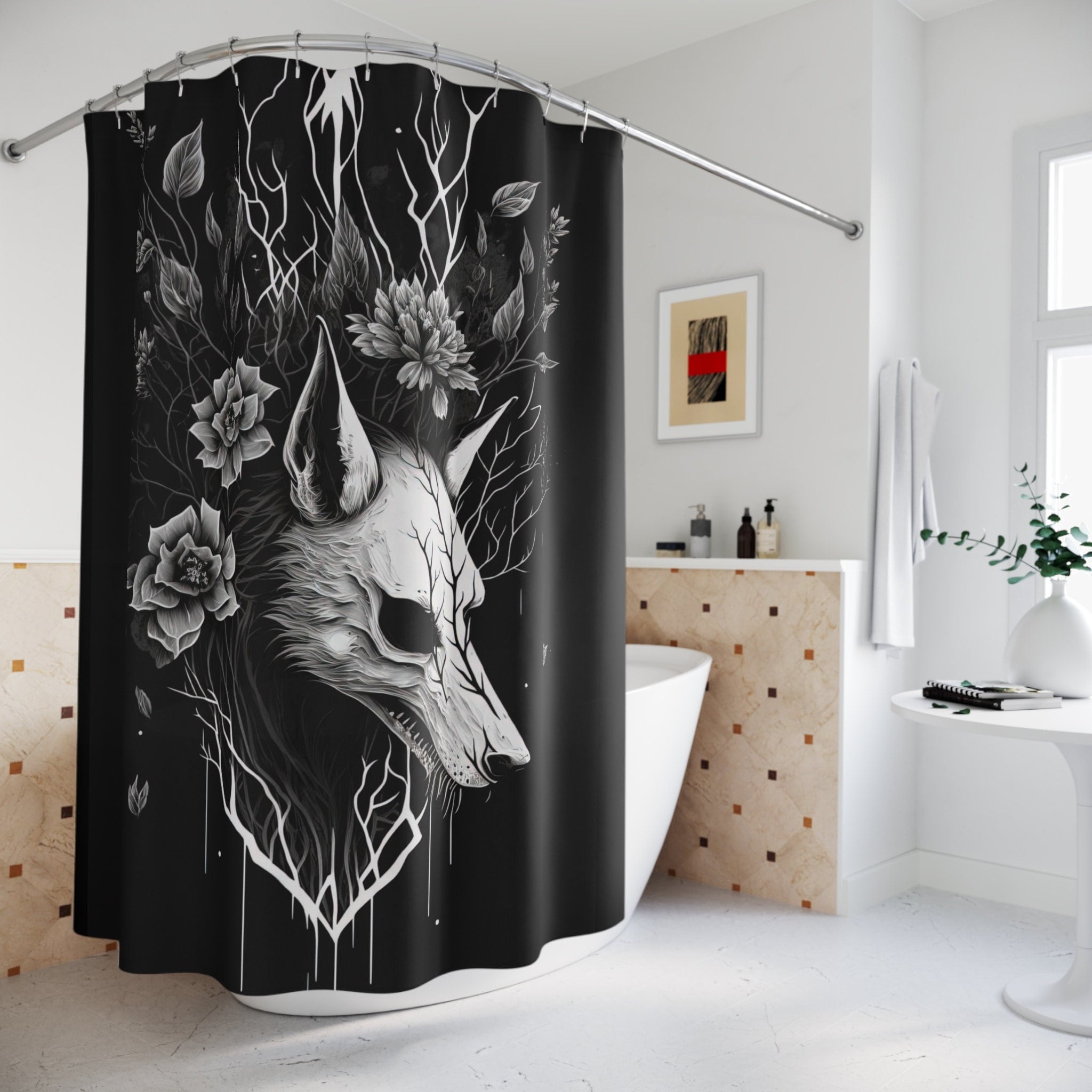 Wolf Skull Deadly Nightshade Goth Shower curtain Witchcraft Witchy Bathroom Decor - Occult - Gothic Bath Décor