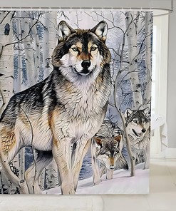 Wolf Vivid Kids Shower Curtain,Boys Girls Adults Home/Cabin Xmas Decor, Dead Branches Snow Bathroom Curtains