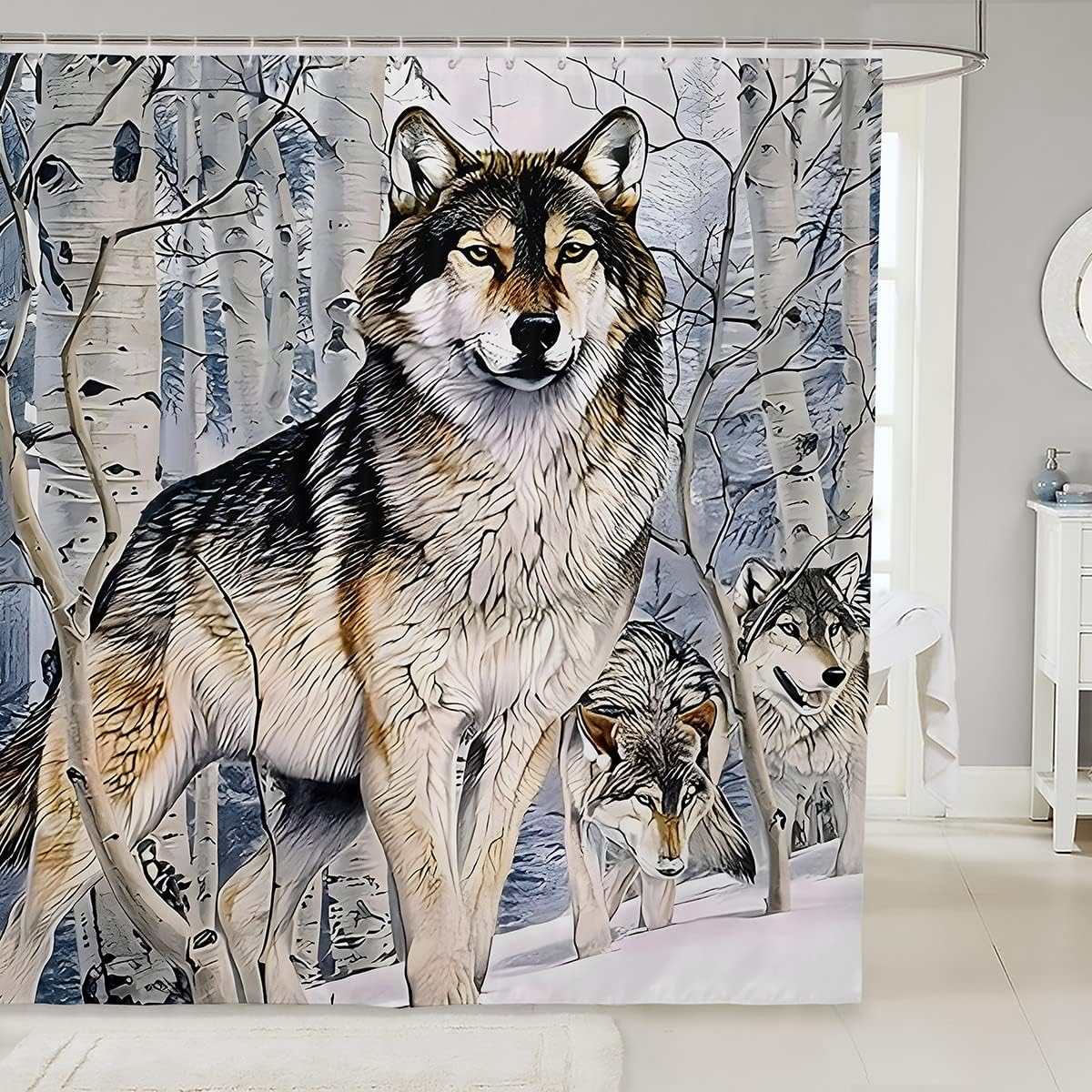 Wolf Vivid Kids Shower Curtain,Boys Girls Adults Home/Cabin Xmas Decor, Dead Branches Snow Bathroom Curtains