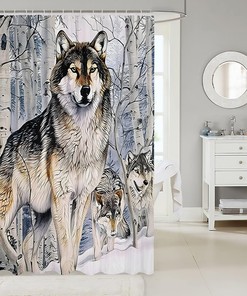 Wolf Vivid Kids Shower Curtain,Boys Girls Adults Home/Cabin Xmas Decor, Dead Branches Snow Bathroom Curtains