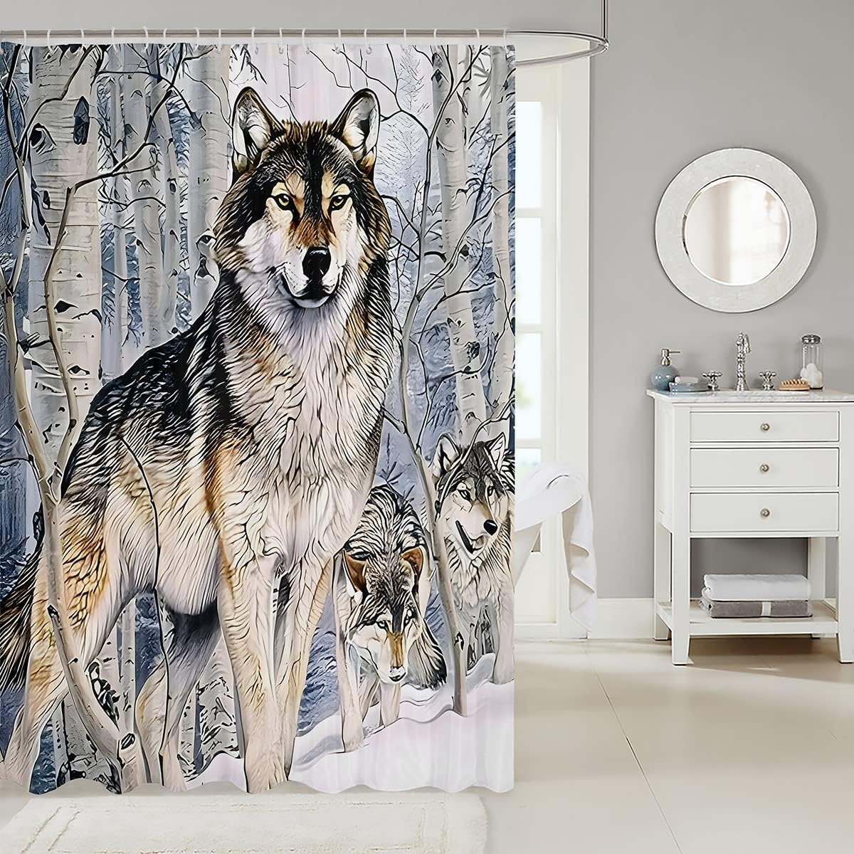 Wolf Vivid Kids Shower Curtain,Boys Girls Adults Home/Cabin Xmas Decor, Dead Branches Snow Bathroom Curtains