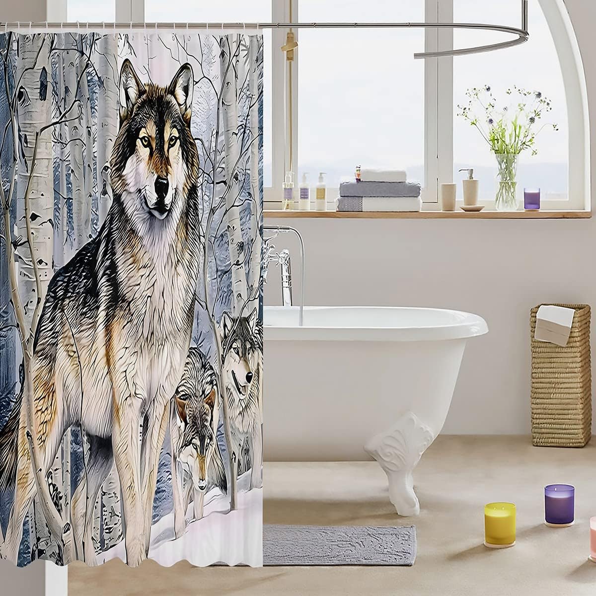 Wolf Vivid Kids Shower Curtain,Boys Girls Adults Home/Cabin Xmas Decor, Dead Branches Snow Bathroom Curtains