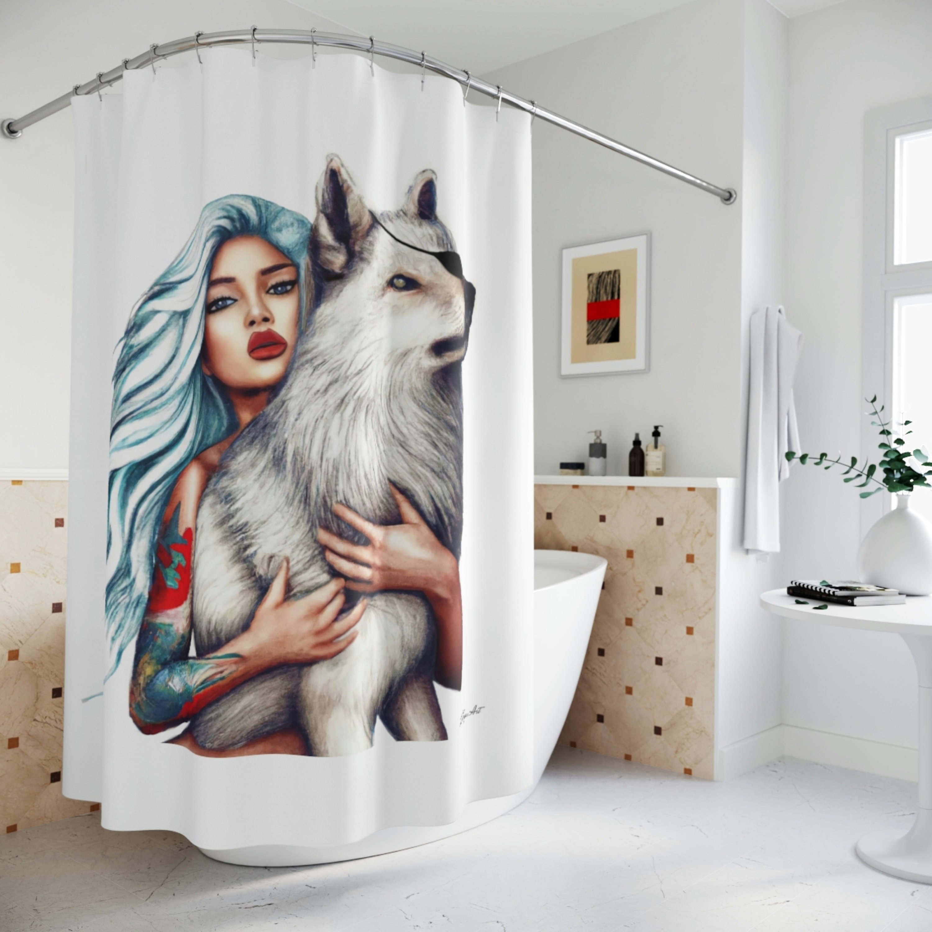 Wolf Woman Fantasy Art Shower CurtainBathroom Decor Gift Set with Housewarming Message