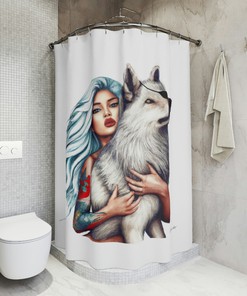 Wolf Woman Fantasy Art Shower CurtainBathroom Decor Gift Set with Housewarming Message