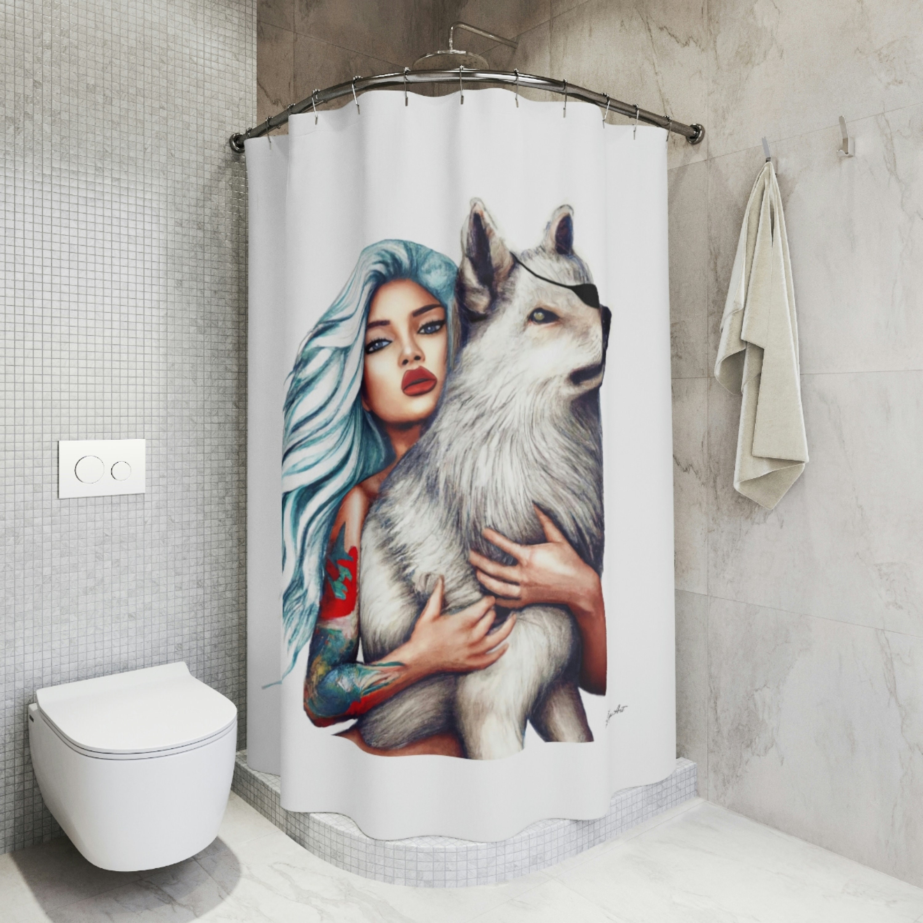 Wolf Woman Fantasy Art Shower CurtainBathroom Decor Gift Set with Housewarming Message