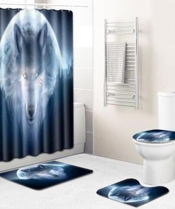 Wolf and Moon Wildlife Shower Curtain with Bath Mat