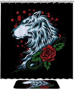 Wolf and Rose Shower Curtain with Animal Print for Bathroom Decor