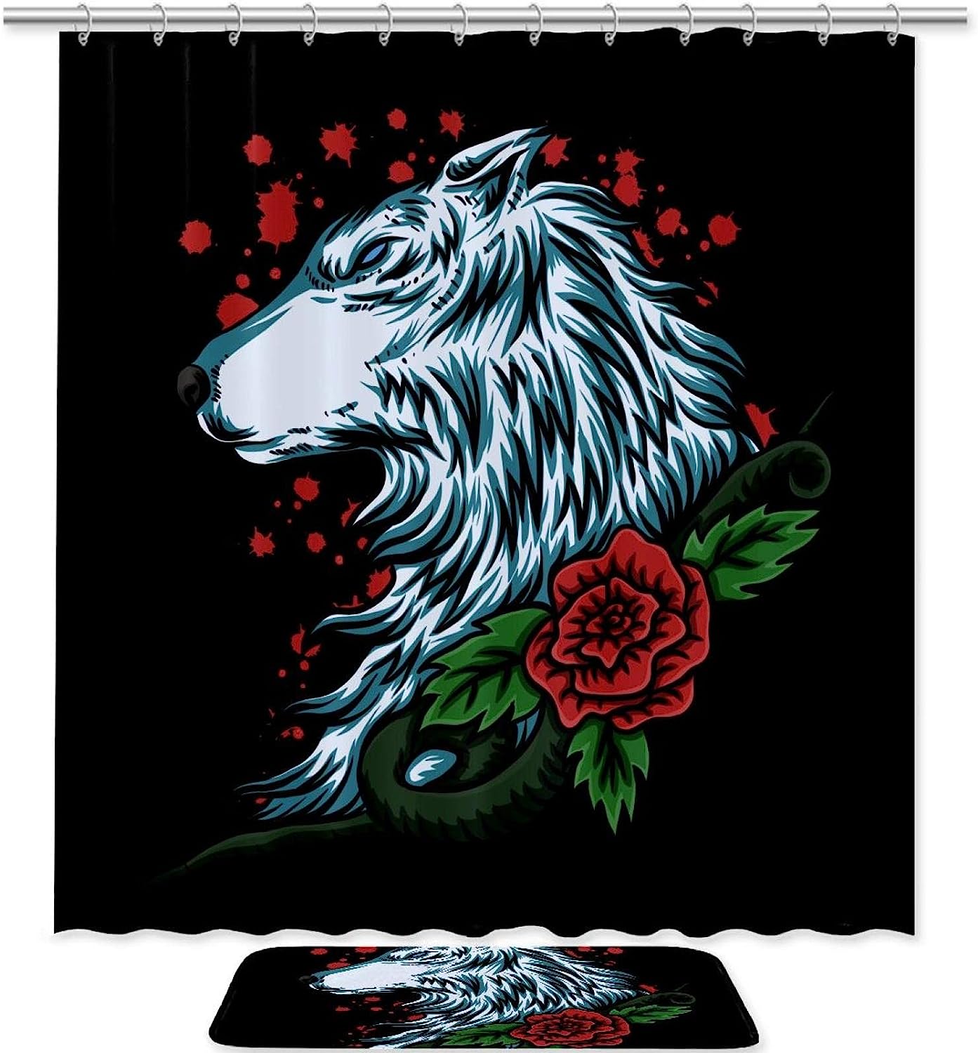 Wolf and Rose Shower Curtain with Animal Print for Bathroom Decor