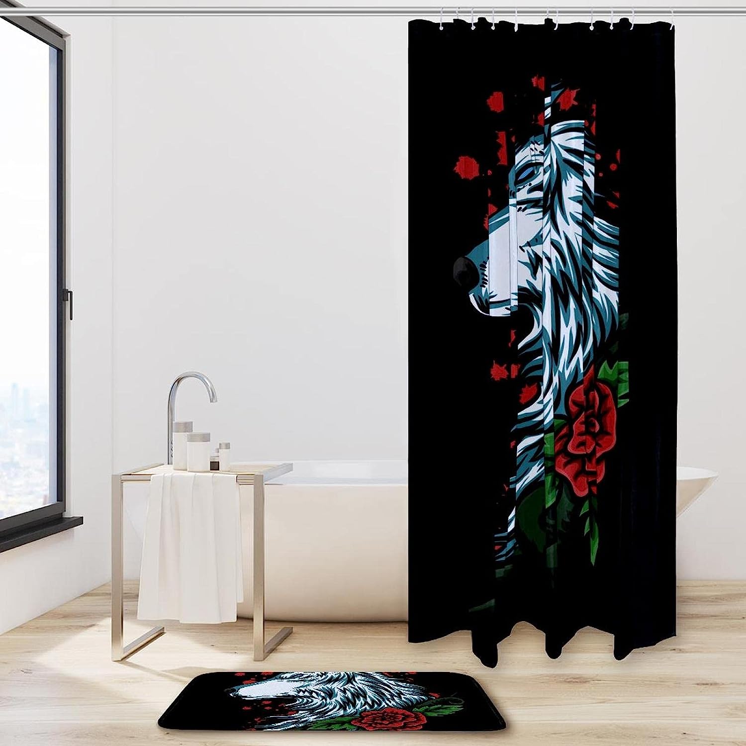 Wolf and Rose Shower Curtain with Animal Print for Bathroom Decor