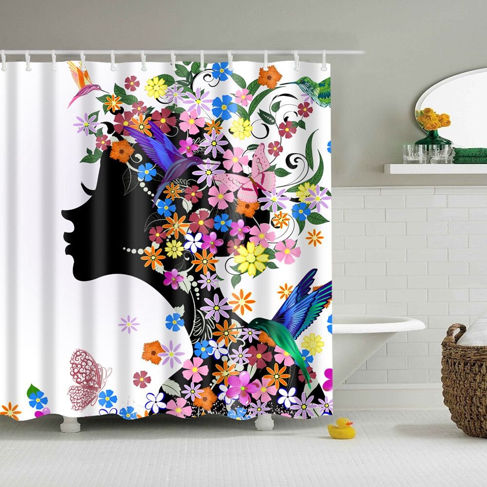 Woman Shower Curtain, Nature Lovers, Butterfly Design, Flower Cute Decor, Art Style, Home Decoration
