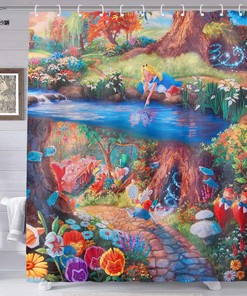 Wonderland Shower Curtain Alice White Rabbit Mr Psychedelic Fairyland Style Print 