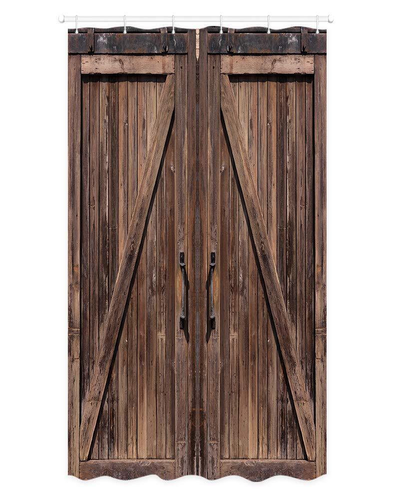 Wood Door Print Shower CurtainWaterproof Fabric Bath for RV Camper