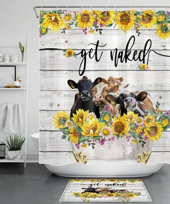 Wood Planks Sunflower Get Naked Shower Curtain - Funny Cow Bathroom Decor With Farmhouse Touch