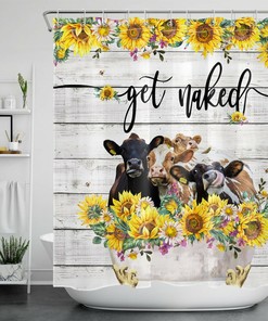 Wood Planks Sunflower Get Naked Shower Curtain - Funny Cow Bathroom Decor With Farmhouse Touch