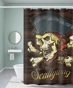 Wooden Background Pirate Shower Curtain with Skeleton Captain Art for Bathroom 