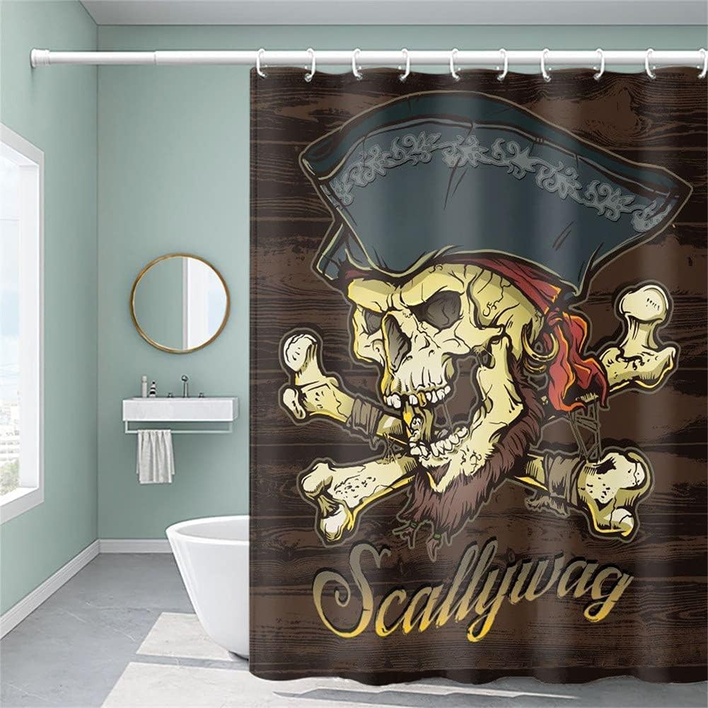 Wooden Background Pirate Shower Curtain with Skeleton Captain Art for Bathroom