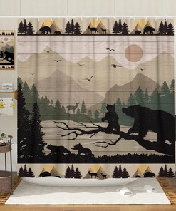 Wooden Board Forest Shower Curtain Rustic Cabin Bear Deer Mountain Bathroom
