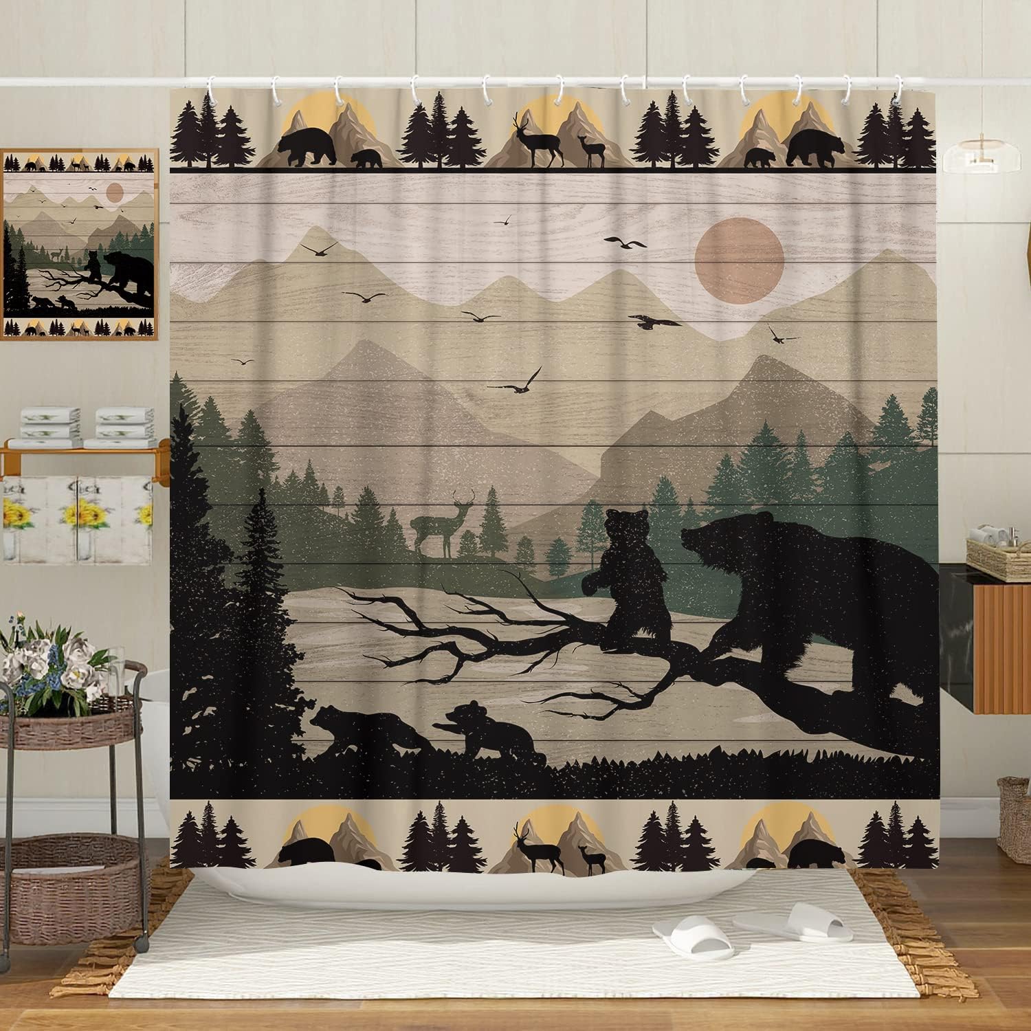 Wooden Board Forest Shower Curtain Rustic Cabin Bear Deer Mountain Bathroom