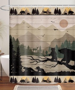 Wooden Board Forest Shower Curtain Rustic Cabin Bear Deer Mountain Bathroom