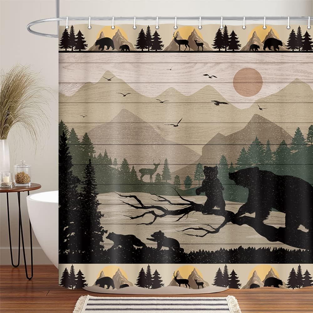 Wooden Board Forest Shower Curtain Rustic Cabin Bear Deer Mountain Bathroom