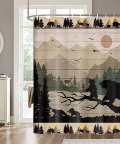 Wooden Board Forest Shower Curtain Rustic Cabin Bear Deer Mountain Bathroom