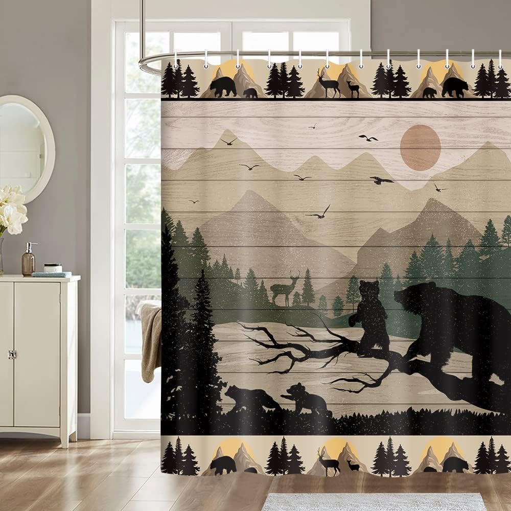 Wooden Board Forest Shower Curtain Rustic Cabin Bear Deer Mountain Bathroom