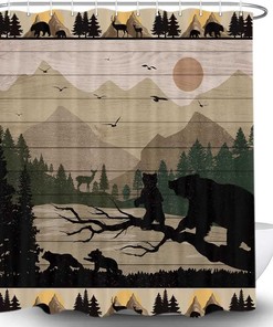 Wooden Board Forest Shower Curtain Rustic Cabin Bear Deer Mountain Bathroom