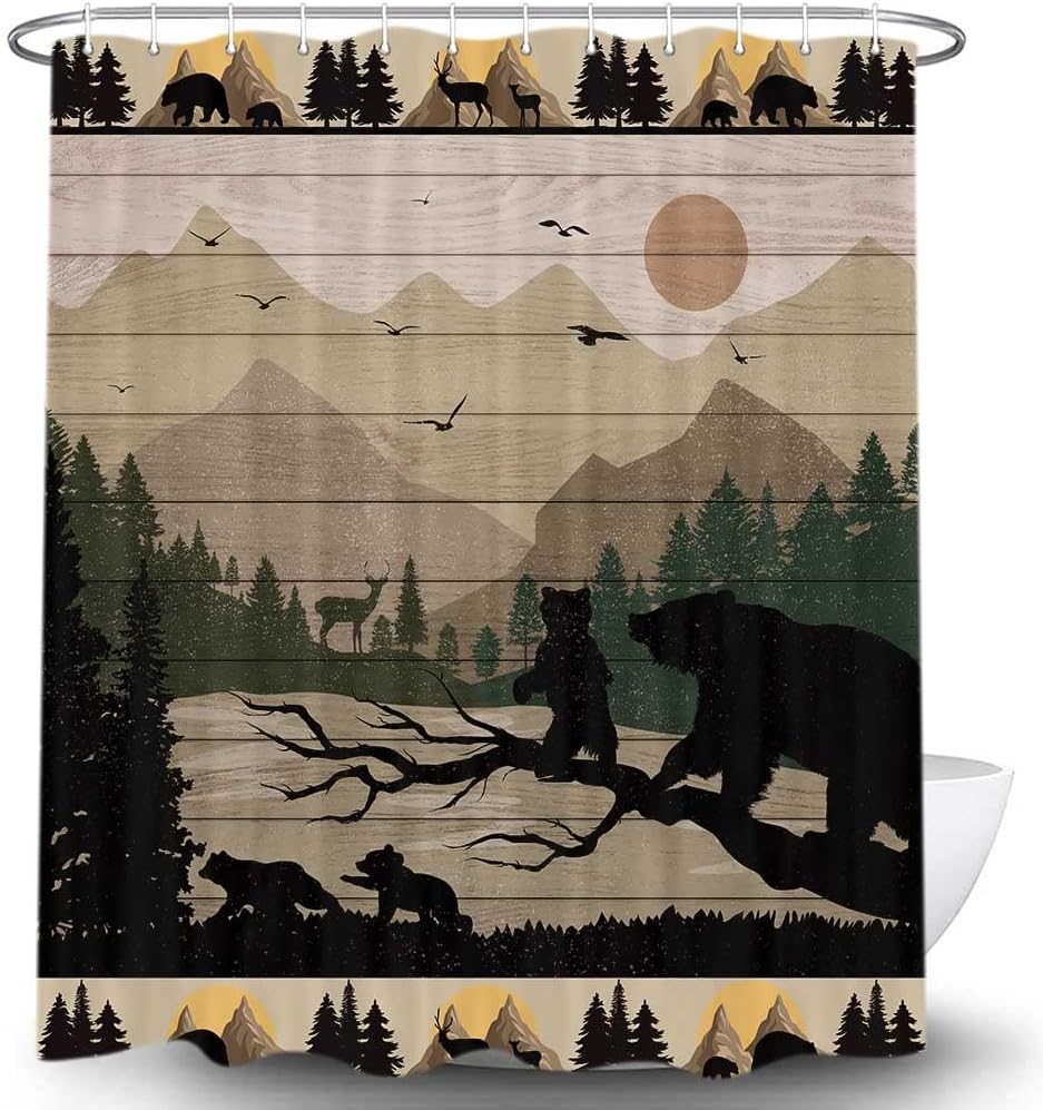 Wooden Board Forest Shower Curtain Rustic Cabin Bear Deer Mountain Bathroom