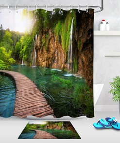 Wooden Path Waterfall Landscape Shower Curtain for a Tranquil and Peaceful Bathroom Atmosphere