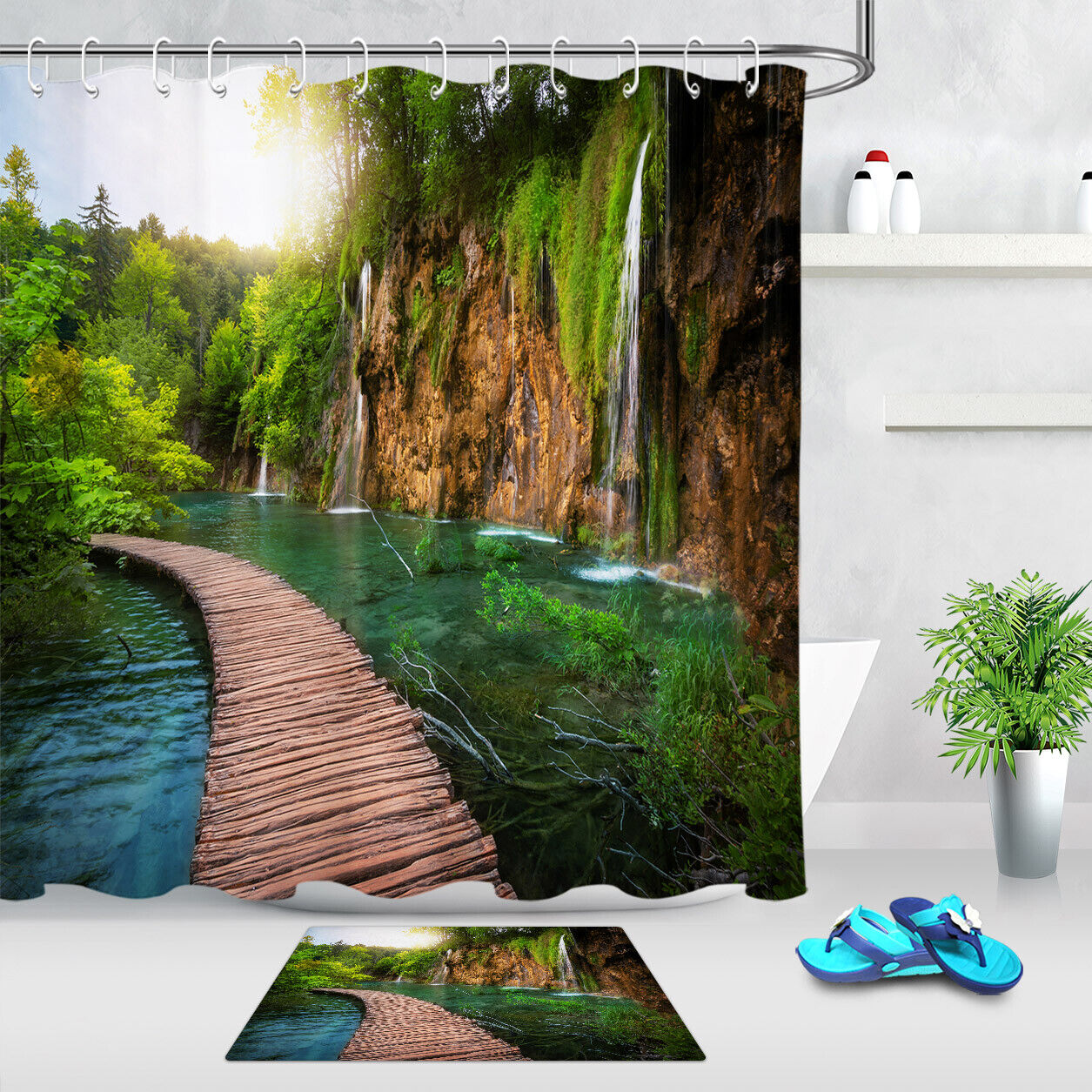 Wooden Path Waterfall Landscape Shower Curtain for a Tranquil and Peaceful Bathroom Atmosphere