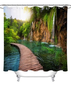 Wooden Path Waterfall Landscape Shower Curtain for a Tranquil and Peaceful Bathroom Atmosphere