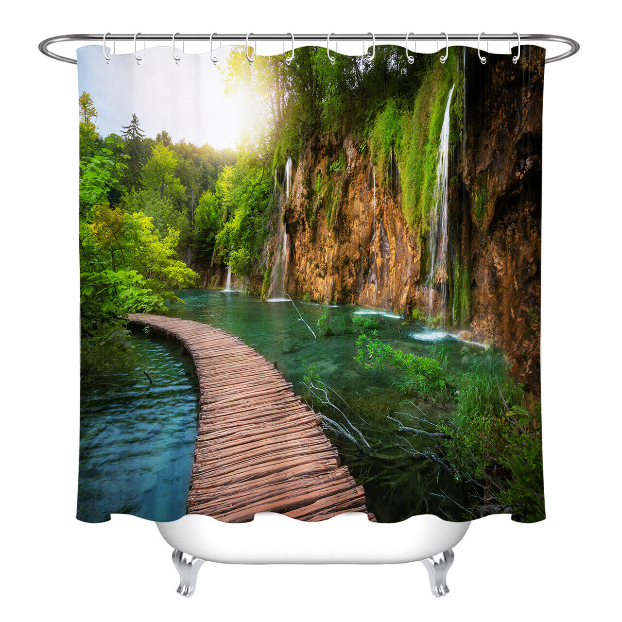 Wooden Path Waterfall Landscape Shower Curtain for a Tranquil and Peaceful Bathroom Atmosphere