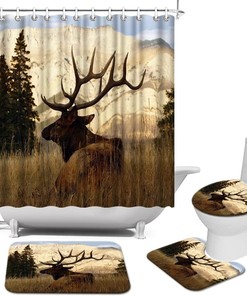 Woodland Animal Elk Deer Shower Curtain Cabin Bathroom Decor,