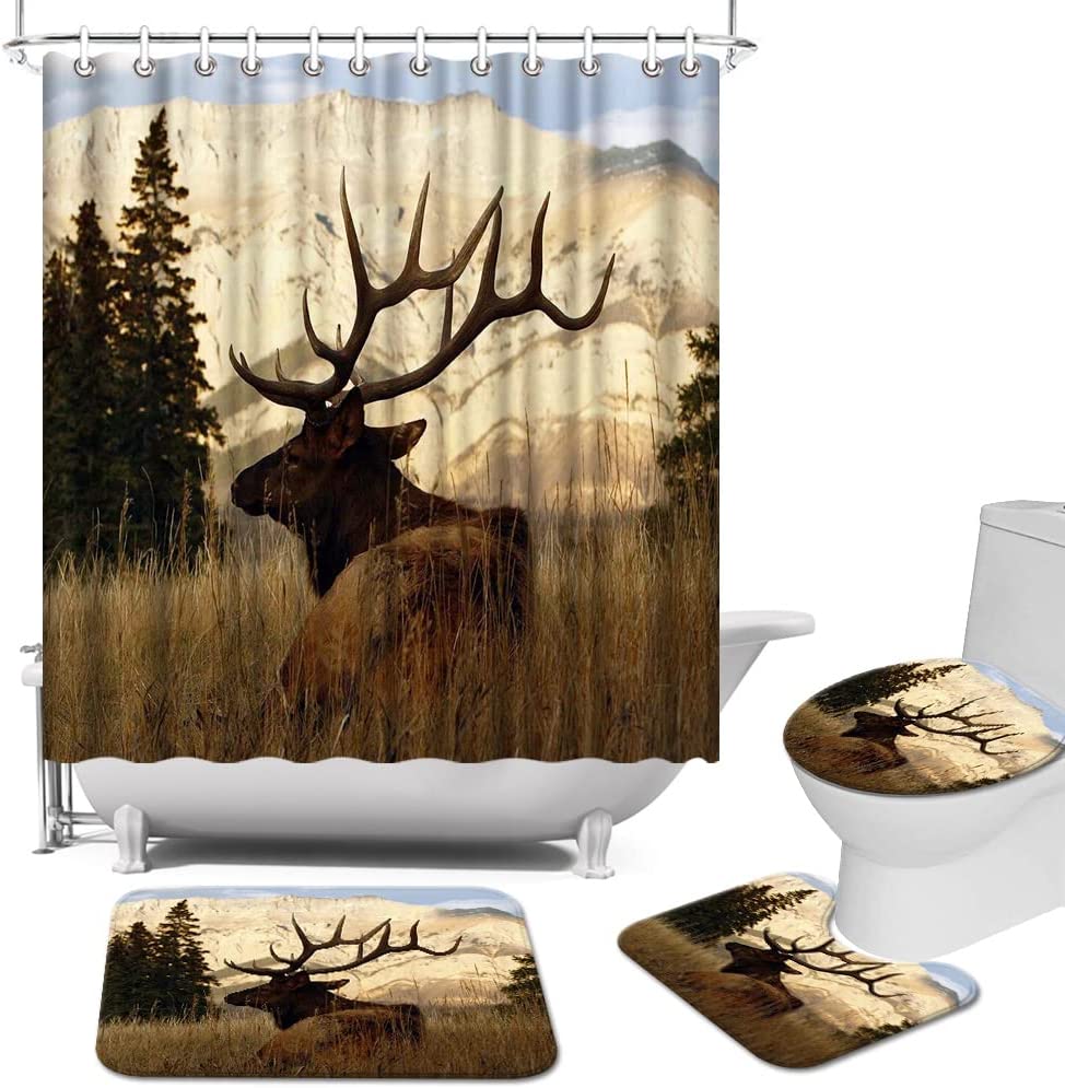 Woodland Animal Elk Deer Shower Curtain Cabin Bathroom Decor,