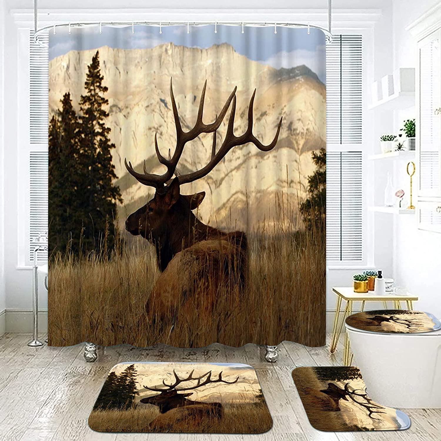 Woodland Animal Elk Deer Shower Curtain Cabin Bathroom Decor, - Image 2