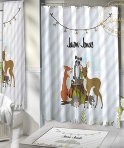 Woodland Animal Striped Shower Curtain For Kids - Forest Animals Kids Shower Curtain
