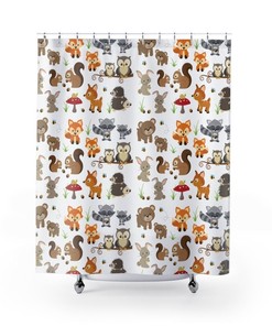 Woodland Animals Print Shower CurtainForest Creatures Kids Bathroom Decor
