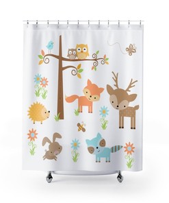 Woodland Animals Print Shower CurtainKids Bathroom Decor with Forest Creatures