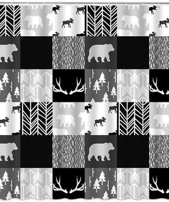 Woodland Antlers Arrow Hunting Shower Curtain - Pine Tree With Rustic Design And Patchwork Plaid Fabric Bathroom Decor