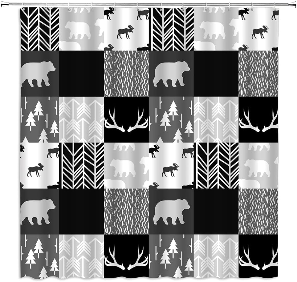 Woodland Antlers Arrow Hunting Shower Curtain - Pine Tree With Rustic Design And Patchwork Plaid Fabric Bathroom Decor