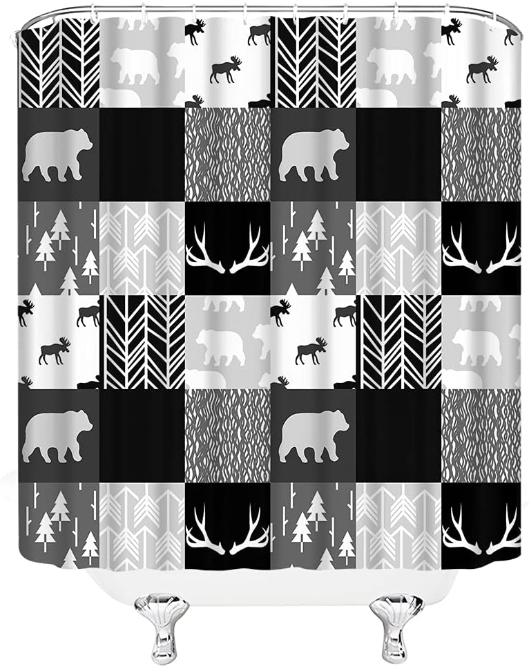 Woodland Antlers Arrow Hunting Shower Curtain - Pine Tree With Rustic Design And Patchwork Plaid Fabric Bathroom Decor - Image 2