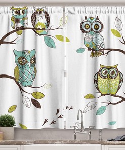 Woodland Birds Perching Owl Kitchen Curtains, Window Drapes  Set for Kitchen Cafe Décor