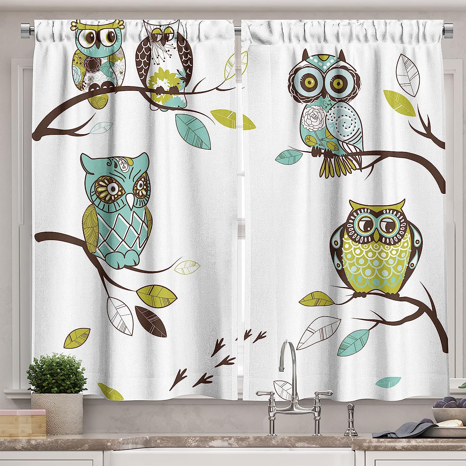 Woodland Birds Perching Owl Kitchen Curtains, Window Drapes Set for Kitchen Cafe Décor