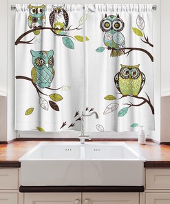 Woodland Birds Perching Owl Kitchen Curtains, Window Drapes  Set for Kitchen Cafe Décor