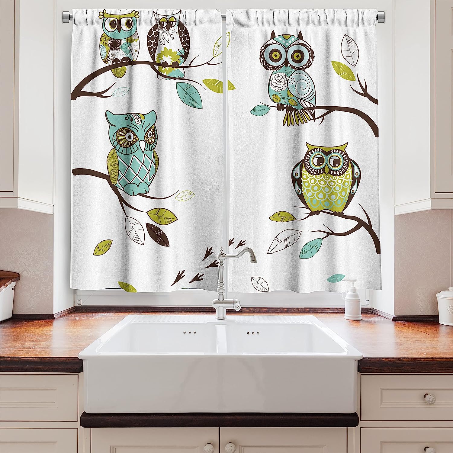 Woodland Birds Perching Owl Kitchen Curtains, Window Drapes Set for Kitchen Cafe Décor