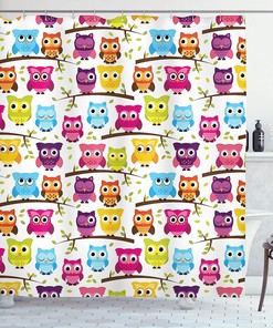 Woodland Owls Shower Curtain, Forest Celebration Friendship Print, Cloth Bathroom Decor