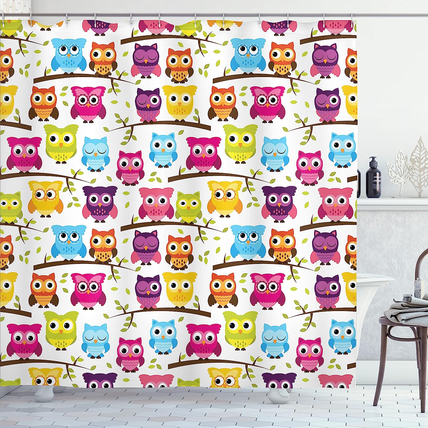 Woodland Owls Shower Curtain, Forest Celebration Friendship Print, Cloth Bathroom Decor